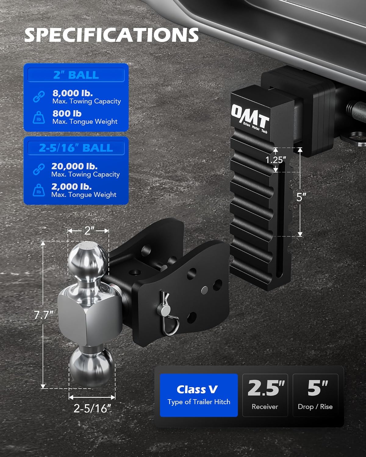 Orion Motor Tech Adjustable Trailer Hitch , 2.5" Receiver, 5" Drop Hitch 15000 lb GTW