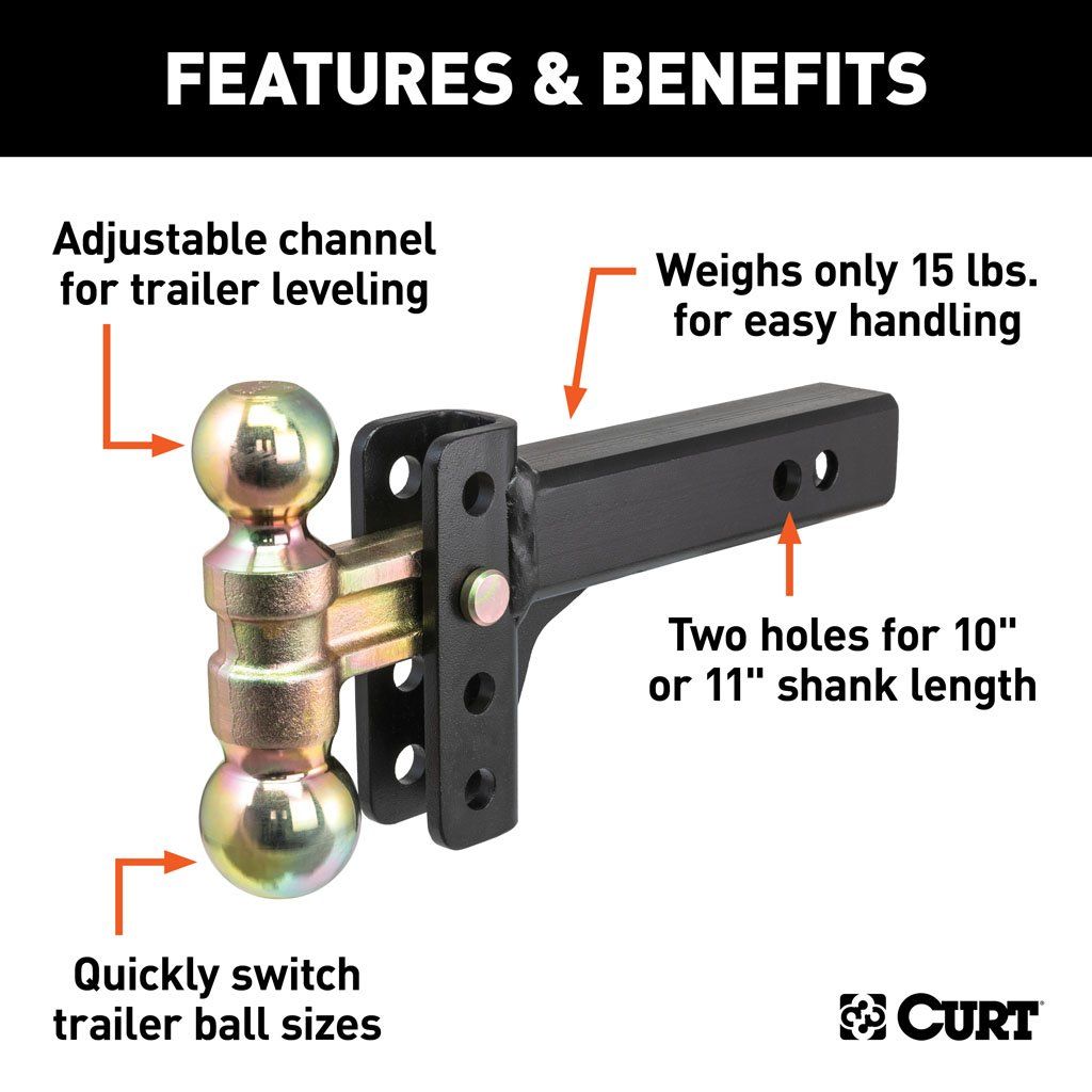 Ball Mount, Slim Adjustable Channel Mount With Dual Ball 2" Shank, 3-3/4 Drop (10K) #45903