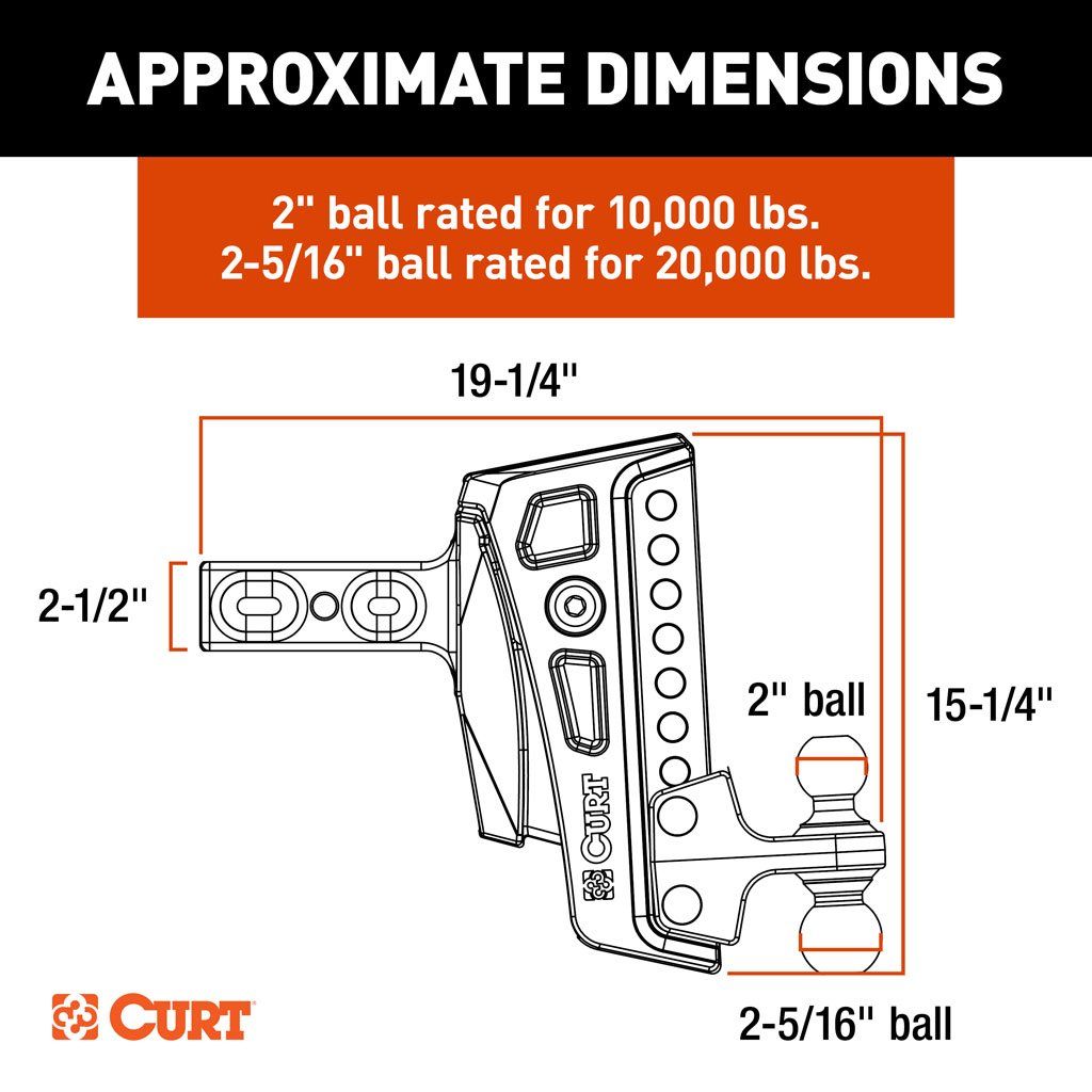 Ball Mount, Rebellion XD Adjustable Cushion Hitch 2-1/2" Shank, 2",2-5/16" Balls (20K) #45955