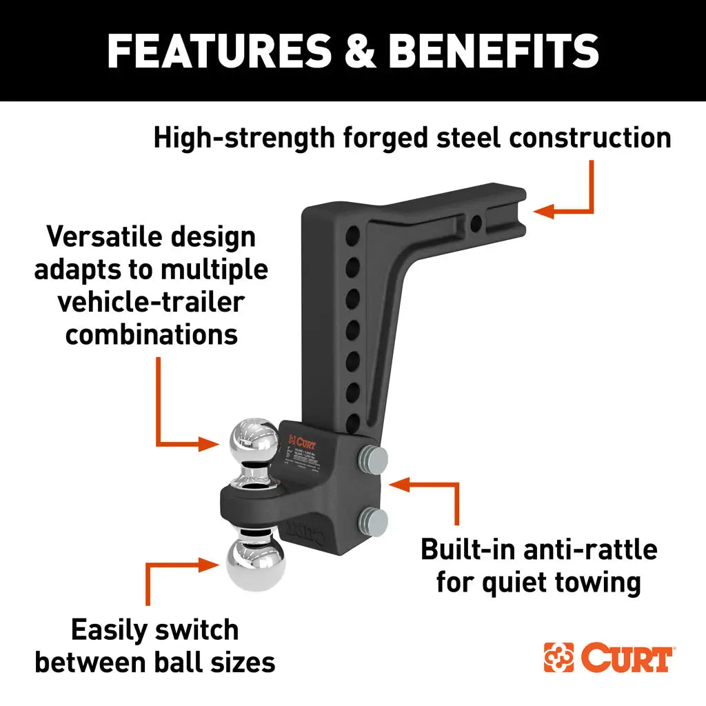 Deep-Drop Adjustable Trailer Hitch Ball Mount with Dual Ball, 2" Shank, 15K #45936