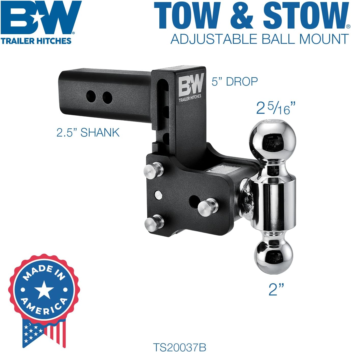 B&W Tow & Stow Adjustable Trailer Hitch Ball Mount #TS20037B