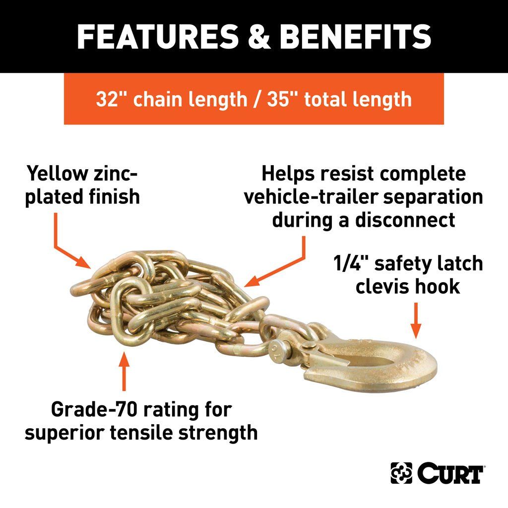 Chain, 1/4" Safety Chain 35" length With 1 Clevis Hook (12,600 LBS, Yellow Zinc)#80303